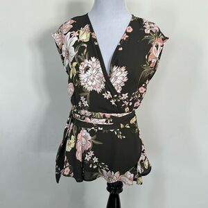LOFT Black Floral Wrap Blouse